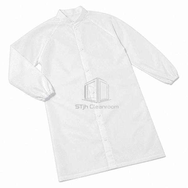 Cleanroom frock laid flat showing complete sleeves and hem
