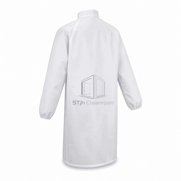 Cleanroom frock rear view showing collar and seam construction