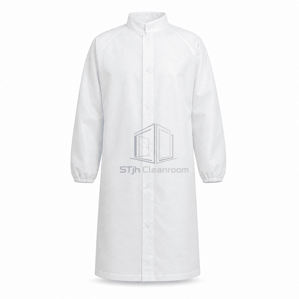 Cleanroom frock upright front view with controlled closure