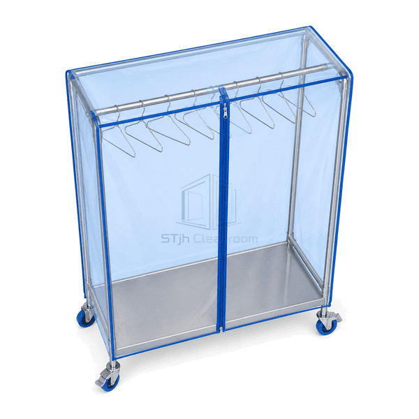 Elevated view of cleanroom garment cart top cover and stainless frame