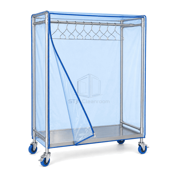 Open garment cart cover showing hanging rail socket zipper seal caster stem and lower shelf joint