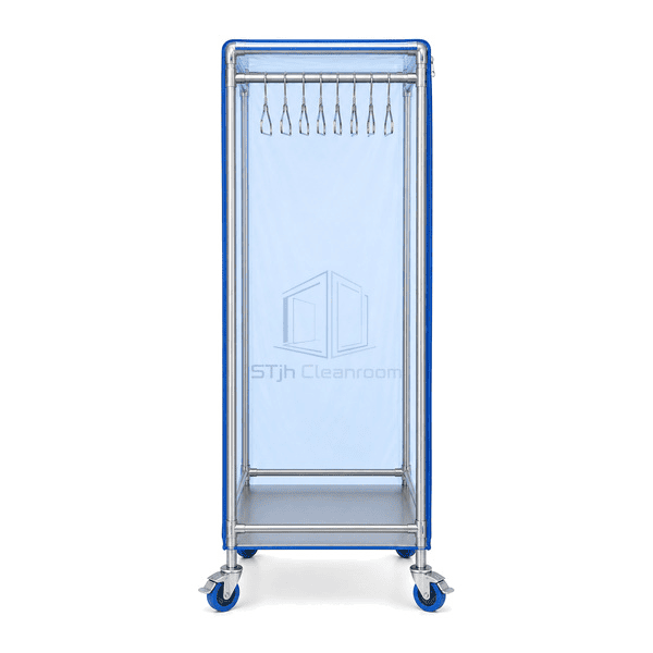 End view of covered garment cart frame lower shelf and swivel casters
