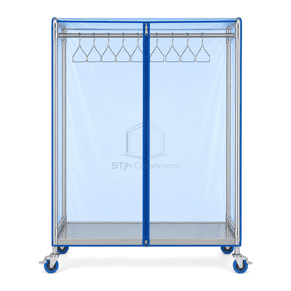 Front view of cleanroom gown transfer cart zipper and hanging rail