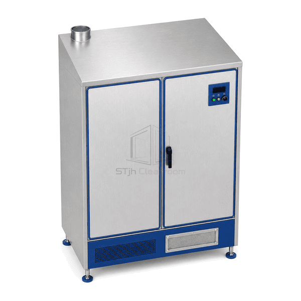 Elevated view of cleanroom drying cabinet sloped roof and exhaust outlet