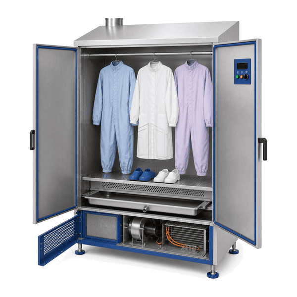 Open garment drying cabinet showing rail perforated shoe rack blower plenum and drip tray
