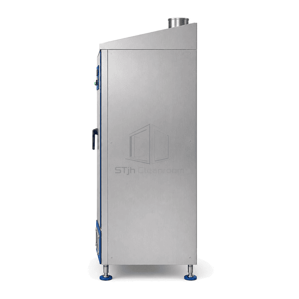Side view showing garment drying cabinet exhaust and service depth
