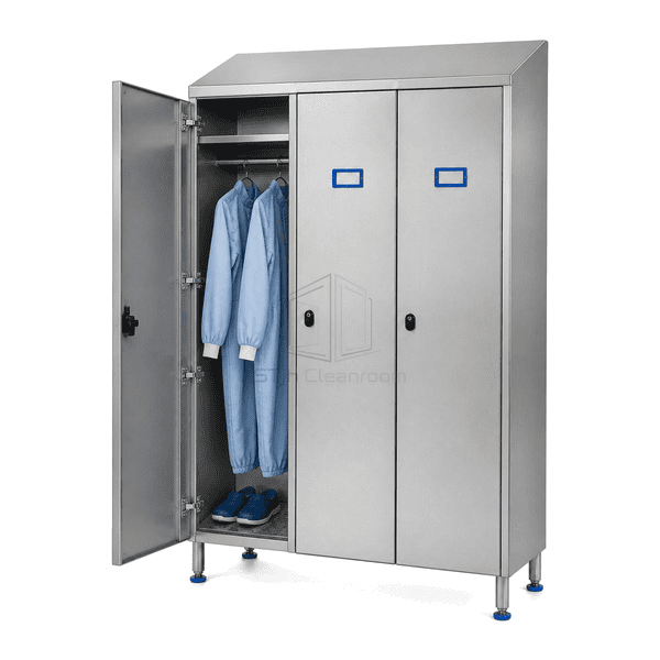 Open cleanroom locker showing hat shelf garment rail shoe shelf and door lock