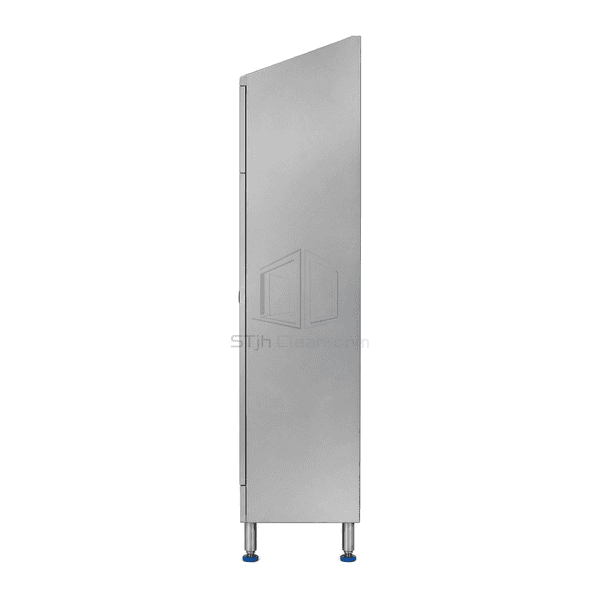 Side view showing sloped top and raised base of garment locker