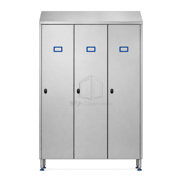 Front view of cleanroom garment locker with three keyed doors