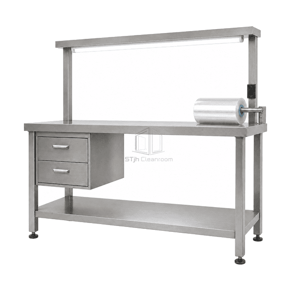 Garment packing table drawer storage and LED task-light interface