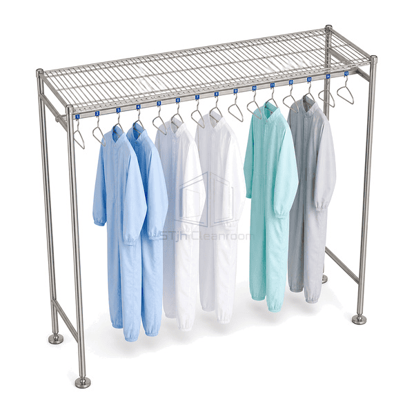 Elevated view of cleanroom garment rack wire shelf and hanger spacing