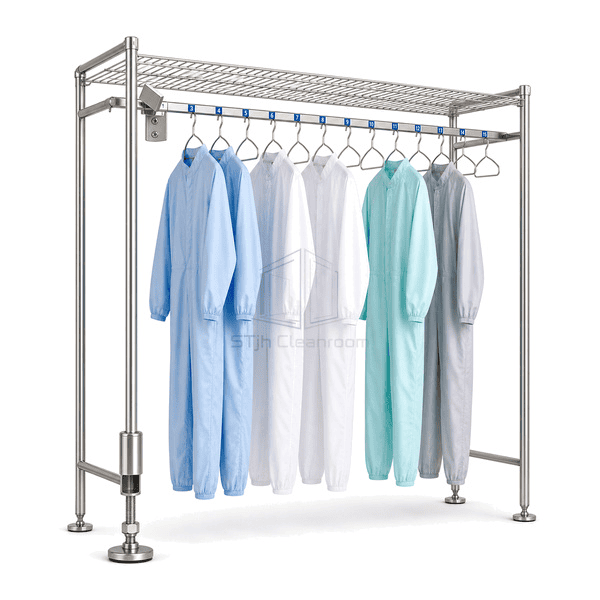 Cleanroom garment rack connection showing captured hanger rail slot and covered leveling foot