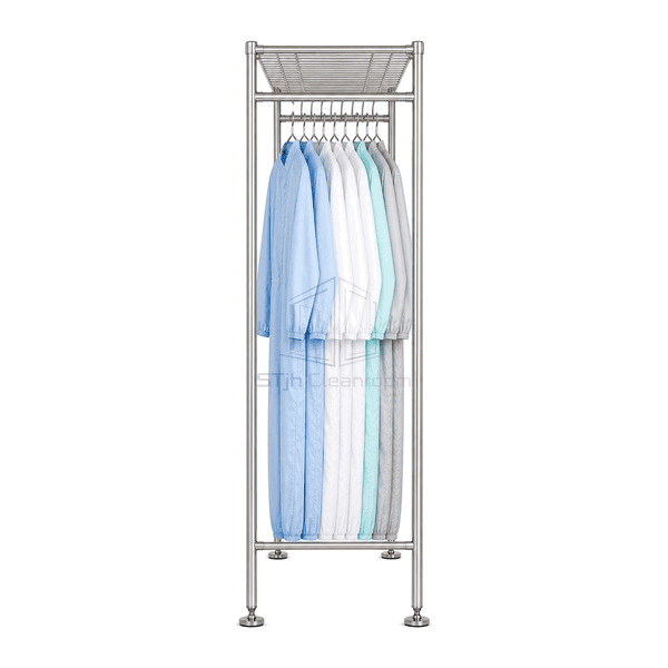 End view showing garment rack depth open shelf and leveling feet
