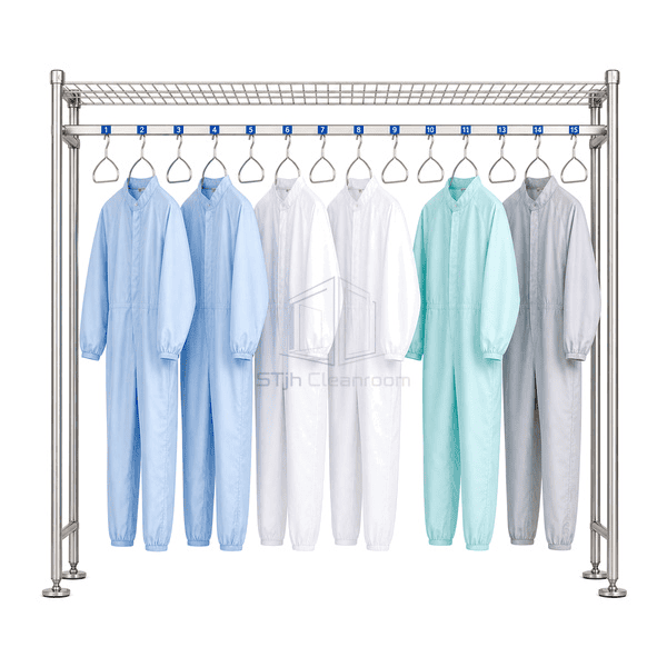 Front view of cleanroom garment rack with fifteen indexed hangers