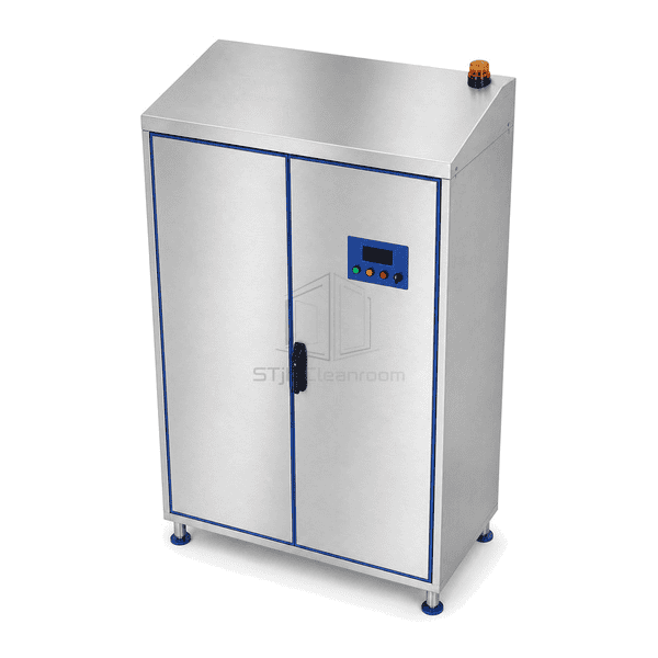 Elevated view of UV-C garment cabinet and sloped hygienic top