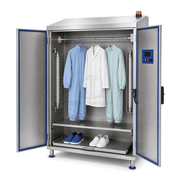 Open garment sterilizing cabinet showing guarded UV-C lamps hanger rail shoe tray and door interlock