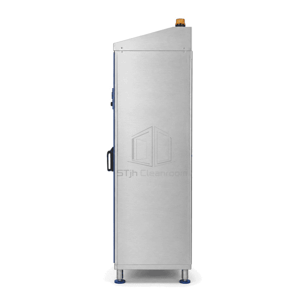 Side view showing garment sterilizing cabinet depth and status beacon