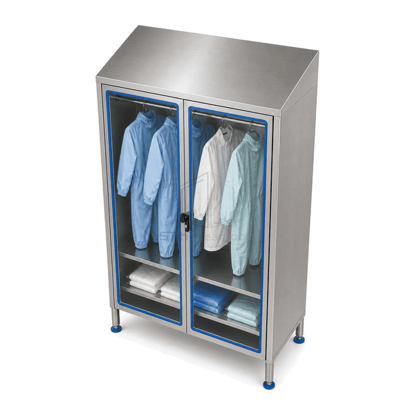 Elevated view of garment storage cabinet and sloped stainless top