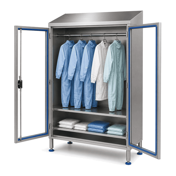 Open garment cabinet showing hanger rail lower shelves door seal and three-point lock