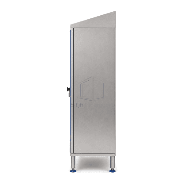Side view showing cleanroom garment cabinet depth and raised legs