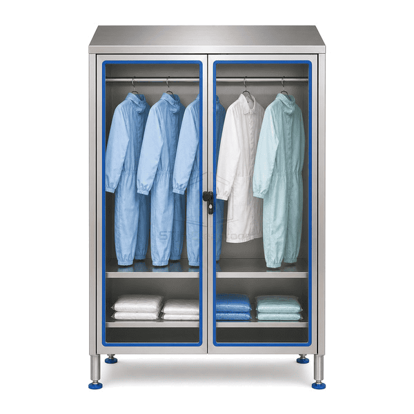 Front view of twin-door cleanroom garment cabinet and visible gowns