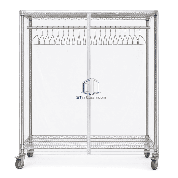 Cleanroom garment transport cart front view with captive hangers