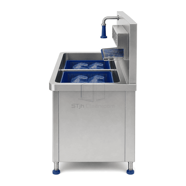 Side view showing goggle washing bowl depth fan spray and drying guard