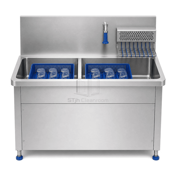 Front view of divided goggle wash sink baskets rack and service panel