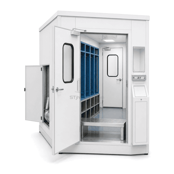 Side view of gowning airlock showing garment lockers and clean divide