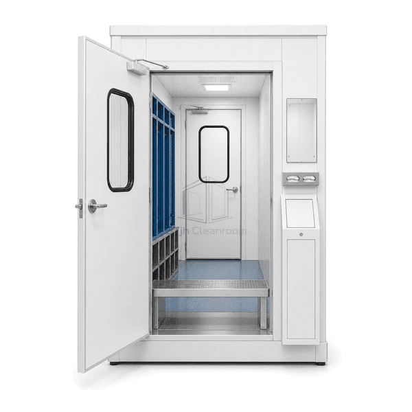 Front view of gowning airlock clean-side door and storage furniture