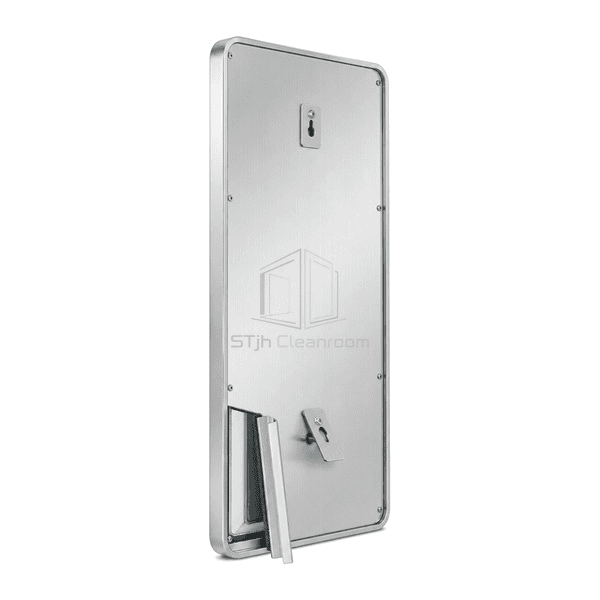 Cleanroom gowning mirror connection showing safety backing capture channel and keyhole bracket