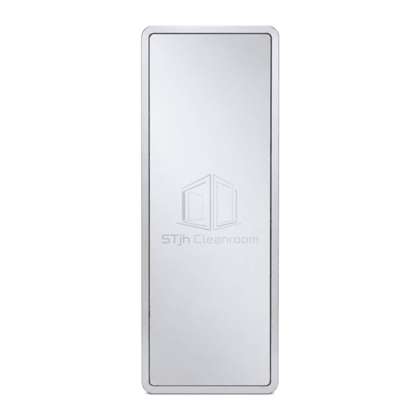 Front view of safety-backed cleanroom gowning mirror