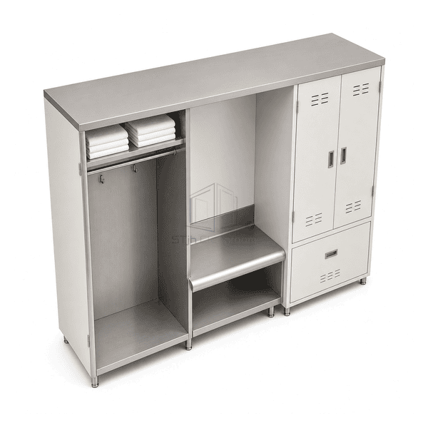 Top perspective of modular gowning storage furniture arrangement