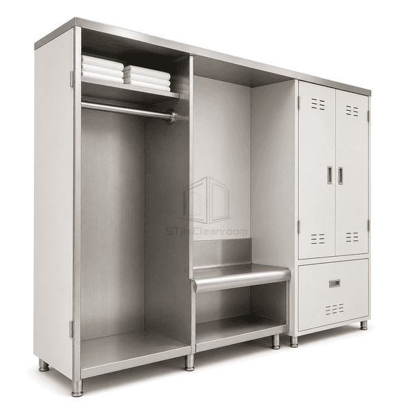 Close view of stainless steel work surface and garment rail
