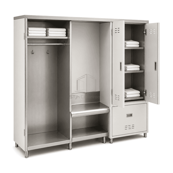 Side view of clean PPE storage section and separate garment return bin