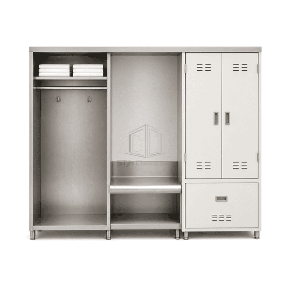 Front view of modular cleanroom PPE storage and garment cabinets