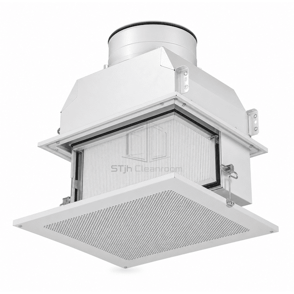 Open HEPA ceiling outlet showing filter frame clamps and welded housing