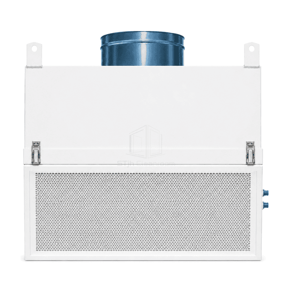 Room-side front view of empty HEPA terminal housing and filter clamps