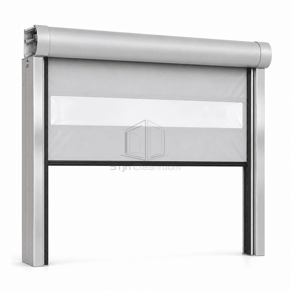 Cleanroom high-speed roll-up door with curtain partially raised across the full opening