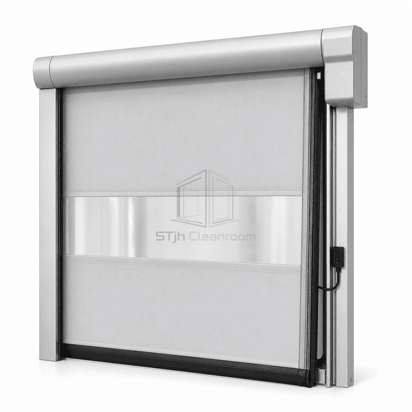 Cleanroom high-speed roll-up door low-friction side guide and flexible curtain edge