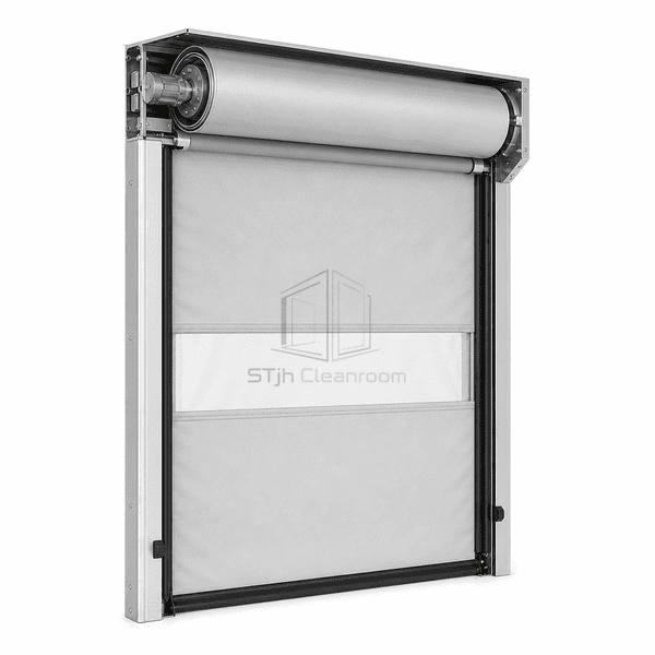 Cleanroom high-speed roll-up door side view showing drum motor and captured curtain guide