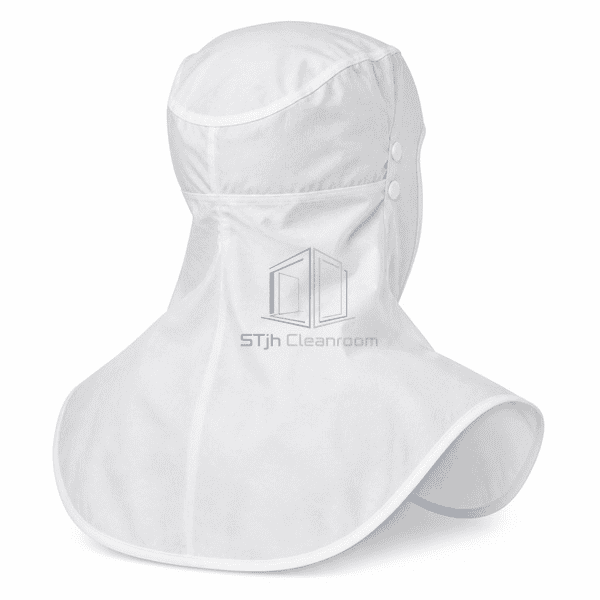 Cleanroom hood rear view showing bound seams and snap adjustment