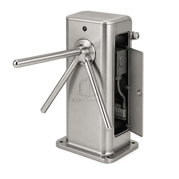 Side view of turnstile showing sealed stainless drive housing