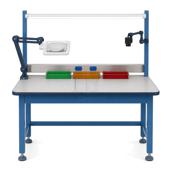 Front view of illuminated cleanroom quality-control workstation