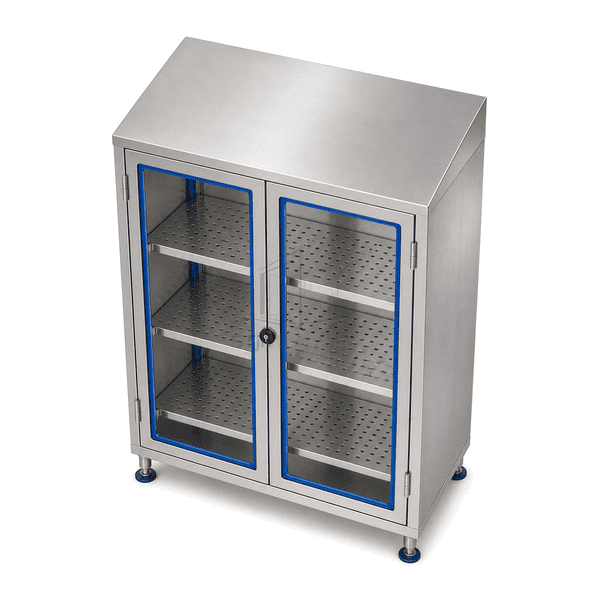 Elevated view of stainless instrument cabinet and hygienic sloped top