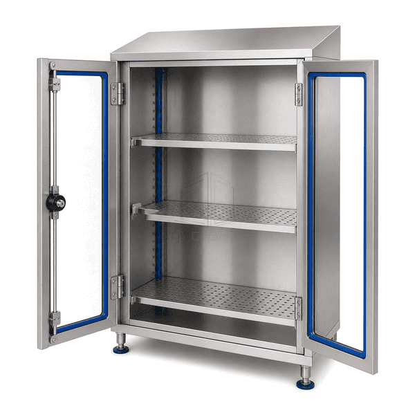 Open instrument cabinet showing three-point latch door seal and adjustable shelf pilaster