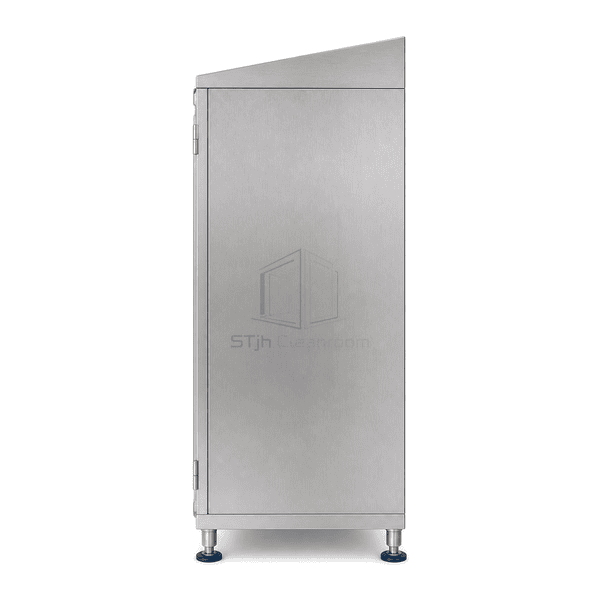 Side view showing cleanroom instrument cabinet depth and raised feet
