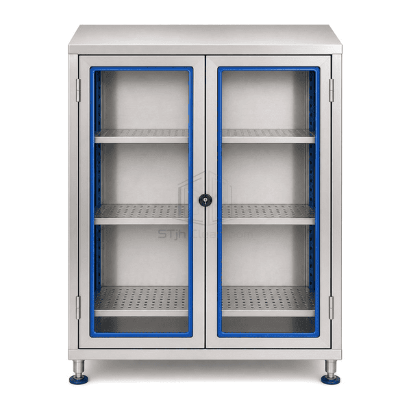 Front view of lockable stainless instrument cabinet and visible shelves