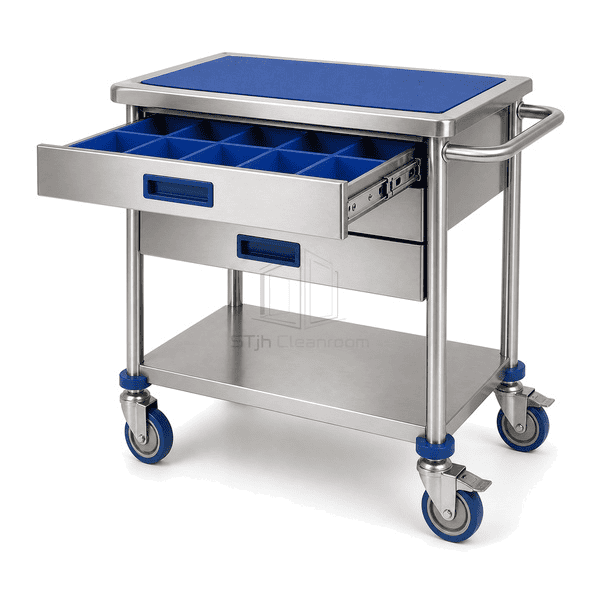 Instrument cart connection showing open drawer enclosed slide stop divider and caster brake