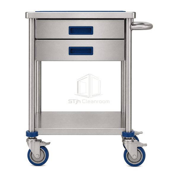 End view showing instrument cart push handle shelf spacing and caster layout